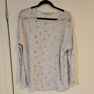 Womens Large 100% linen Graphic Tee Crew Neck Long Sleeve Shirt light blue